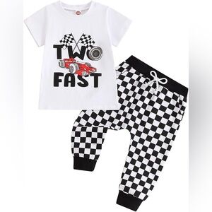 2️⃣ Fast! 💨🏎️🏁. Kids Racing Graphic Tee and Checkered Pants Set